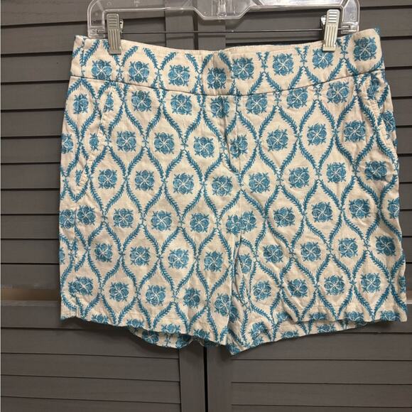 LOFT Pants - LOFT Off White Linen Turquoise Floral Embroidered Patterned Women's Shorts Sz 4